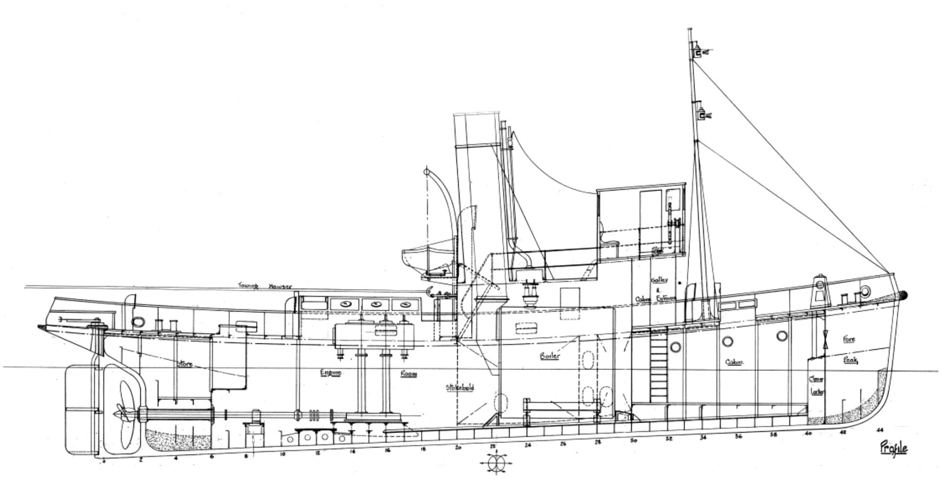 GeneralArrangementProfile General Arrangement profile of ship No. 111 (Codeco/Wattle). Source: National Australian Archives